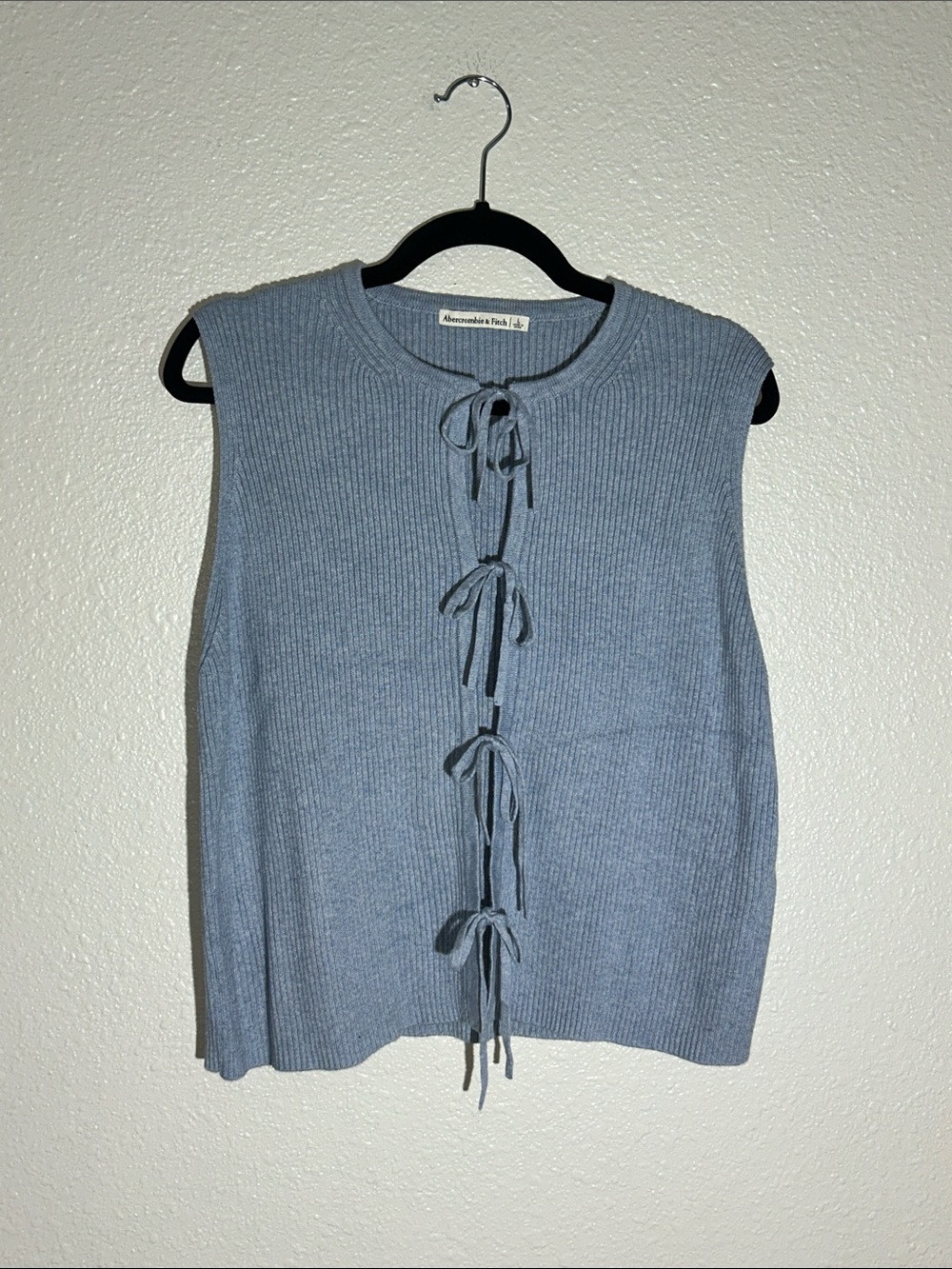 Abercrombie & Fitch Tie-Front Crewneck Sweater Vest in a dusty blue color
